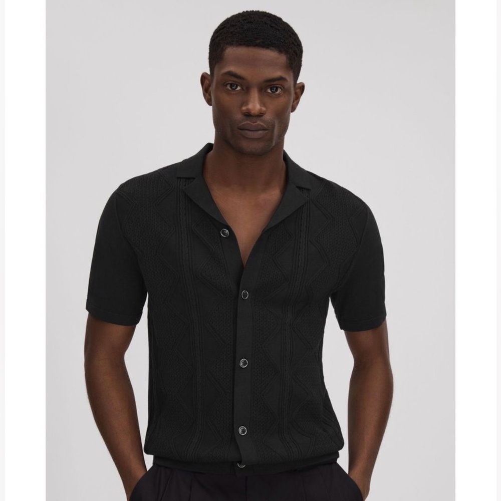 REISS Fortune Button Front Camp Collar Short Sleeve Sweater Men’s L In Black